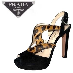 PRADA SUEDE AND PONYHAIR TRIM SLINGBACK HEELS